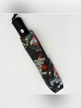 Ed Hardy Automatic Compact Umbrella Skull Heart Tattoo Print Black New